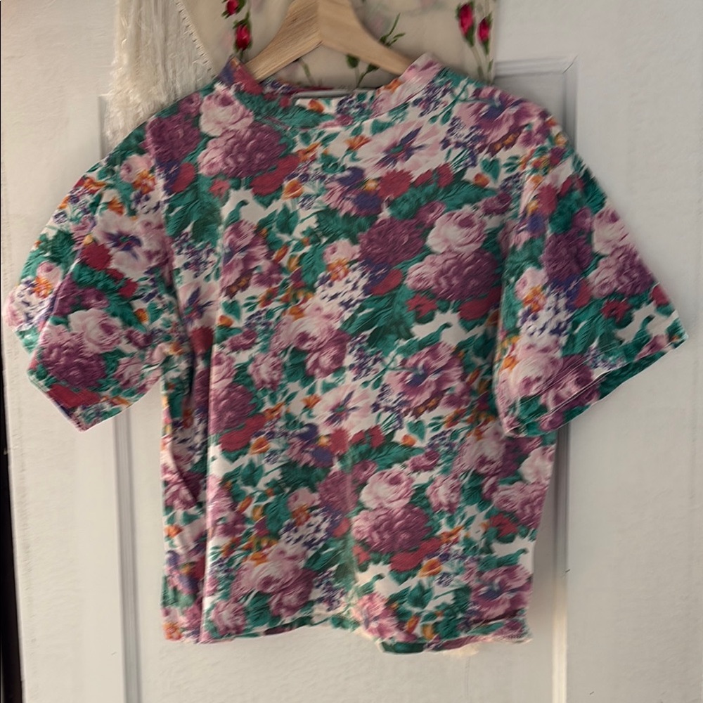 Vintage Floral Short Sleeve Tee - Purple, Green, White